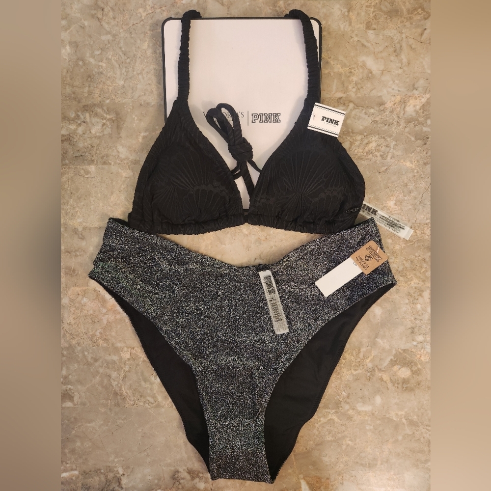 S/S M/M PINK Swim Scrunchie Triangle Bikini Top Shimmer High Waist Bikini Set